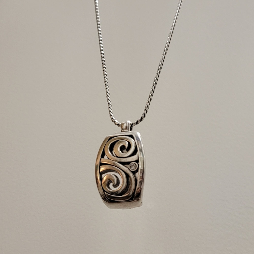 Brighton Silver Necklace Swirl Pendant London Groove Long 32-34" Badge Clip